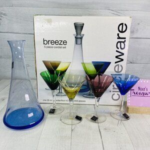 Circleware BREEZE 28oz Decanter Color Cordial Martini 4.5oz Stemmed Glasses Set